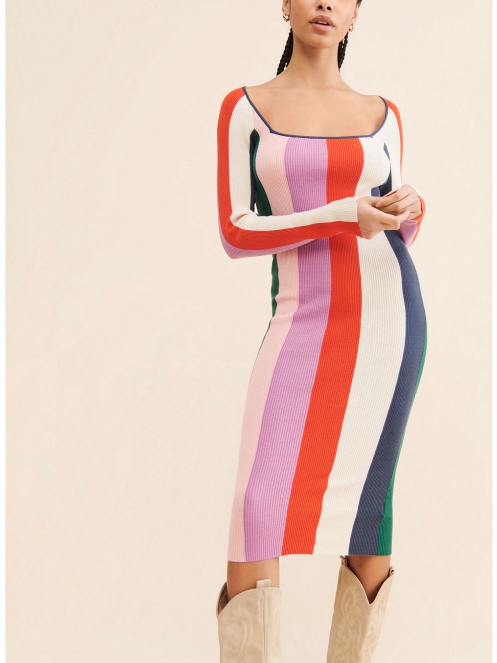 Striped Square-Neck Ribbed Midi Dress - Multicolor